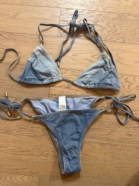 Zimmermann Light Blue Denim-Effect Triangle Bikini